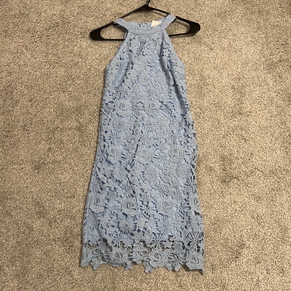 Pink Lily Boutique sz S blue lace overlay halter neck mini bodycon dress